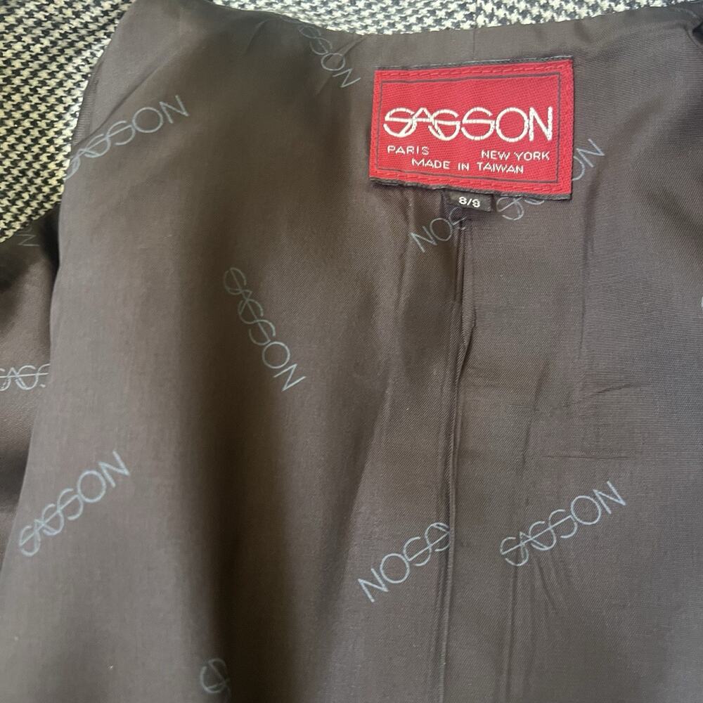 Sasson VTG Houndstooth Wool Blend Open Blazer Sz 8/9 Small High Neck Pockets - Picture 5 of 7